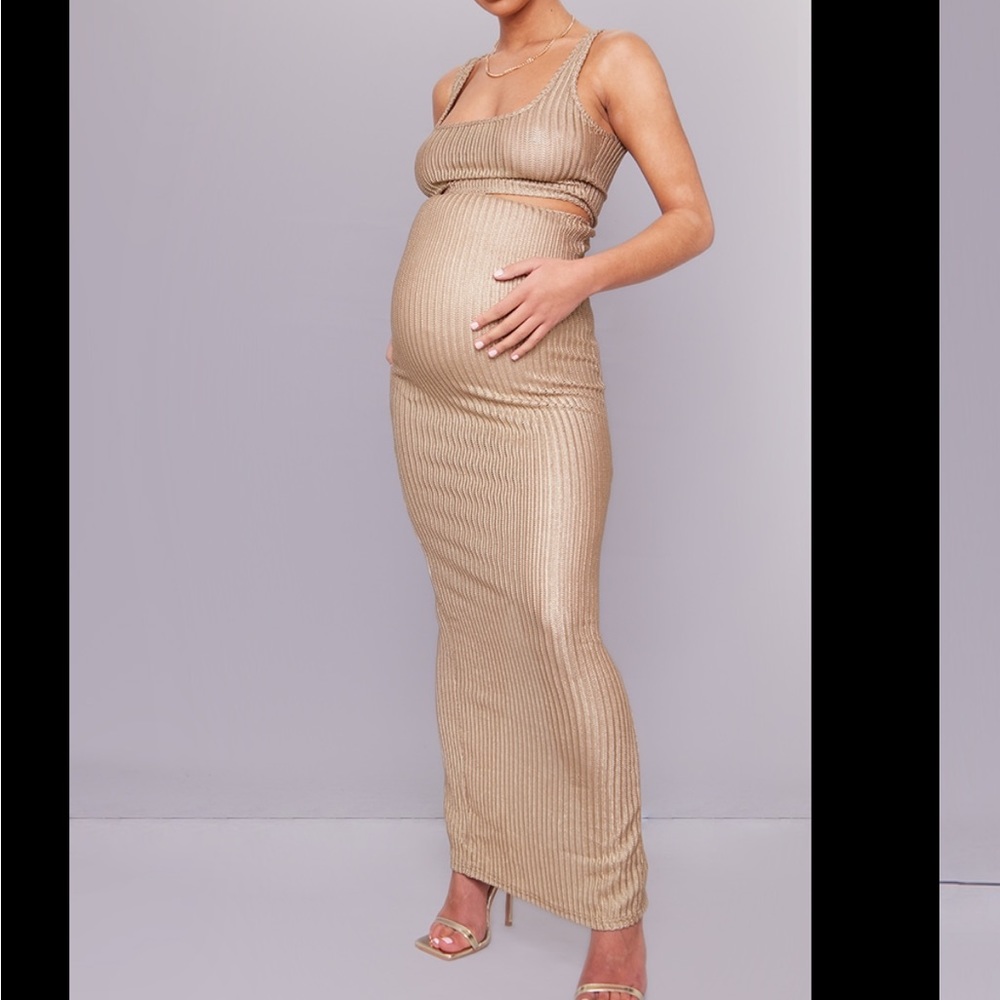 MATERNITY Gold Metallic Knitted Rib Top and Midi Skirt